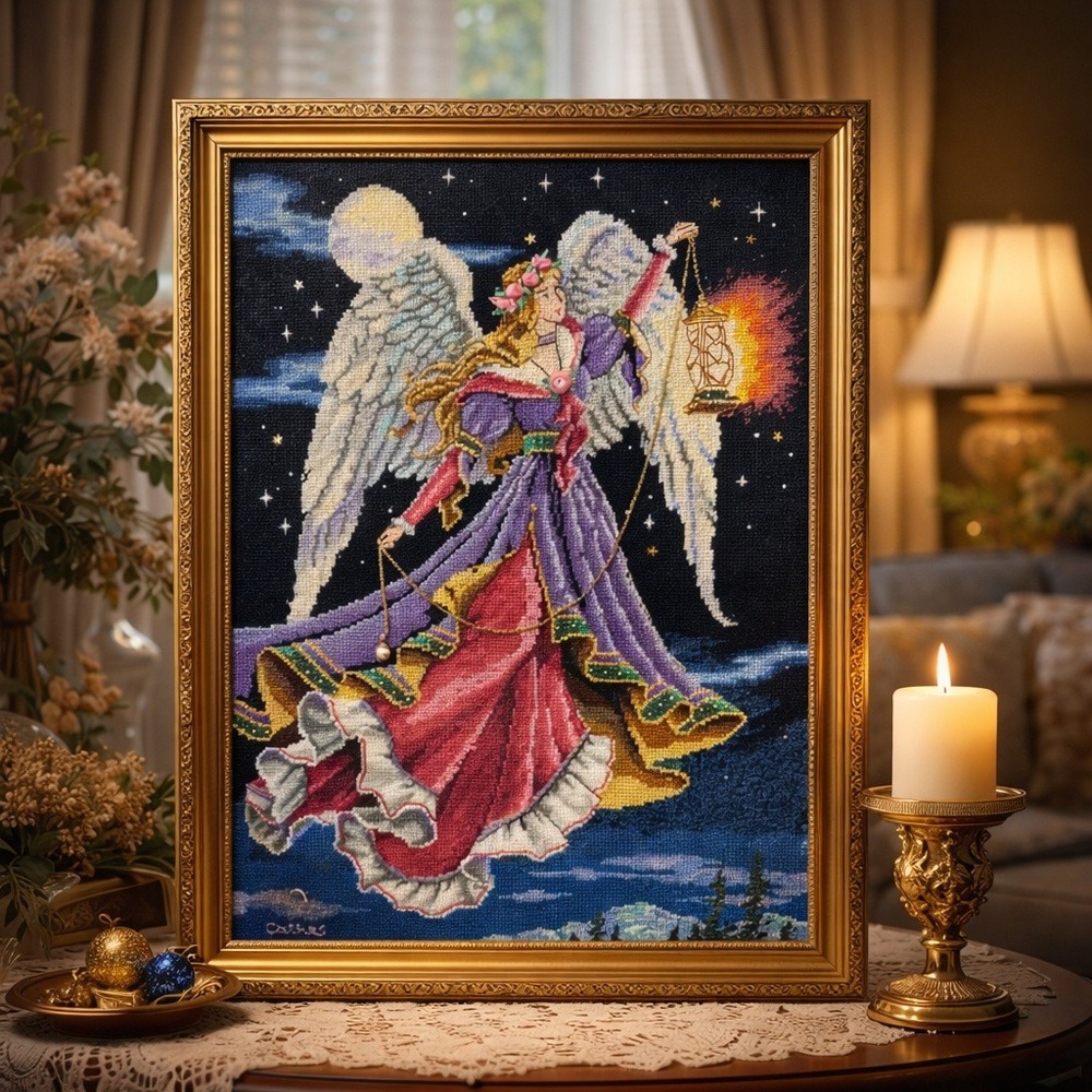 Dimensions Gold Angelic Beacon 1996 Needlepoint Finished Celestial Art Completed